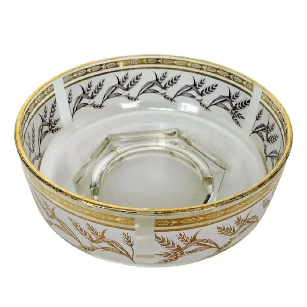 Vintage 60s MCM Gold Wheat Heavy Bottom Frosted Glass Pedestal Chip Bowl
